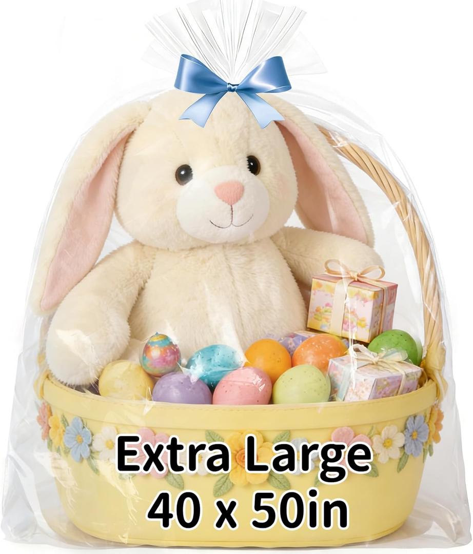QOIUSO 6PCS Extra Large Cellophane Bags 40x50 Inch - Jumbo Clear Plastic Cellophane Wrap for Easter Gift Baskets, Weddings, Birthdays and Holiday Parties - 2.8 Mil Thick Clear Gift Bags