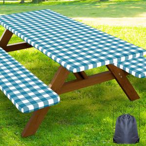 Smiry Picnic Table Cover with Bench Covers, Waterproof Elastic Fitted Tablecloths for 5 Foot Rectangle Tables, Washable Buffalo Plaid Tablecloth for Camping, Outdoor (Turquoise & White, 30"x60")