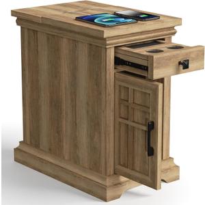 Farmhouse End Table with Charging Station, Rustic Wooden Nightstand with USB Ports and Outlets, Storage Drawer and Cabinet, Narrow Side Table for Living Room, Natural