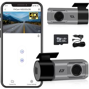 Dash Cam KH1, Car Dash Cam HD 4K Camera with 64GB Card Smart DashCam Front Built-in WiFi 170 Degree Wide Angle FOV WDR Night Vision APP Application Control Loop Recording Time-Lapse Shooting