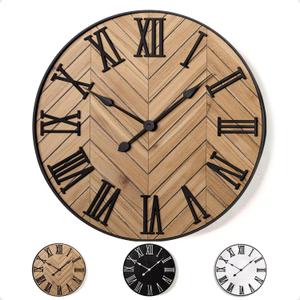 Large Wall Clock 24" Round - Silent Metal & Wood Large Farmhouse Wall Clock For Living Room Decor with 3D Roman Numerals - No Ticking - Noiseless Big Wood Decorative Clocks for Living Room Decor