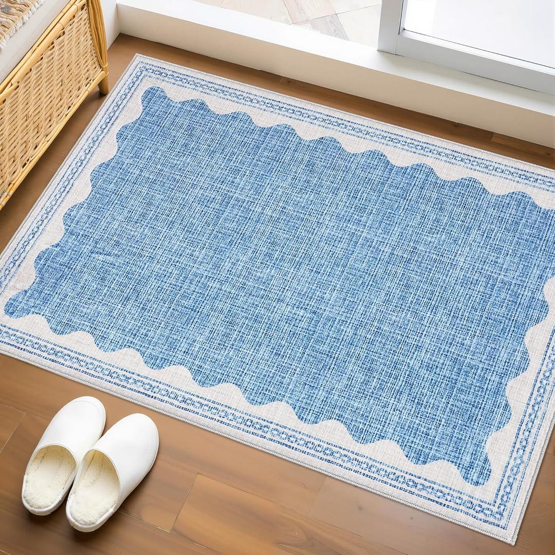 GarveeHome Door Mat Indoor Rugs for Entryway Small Throw Rug 2x3 Washable Non-Slip Solid Blue Modern Minimalism Soft Low-Pile Scalloped Carpet for Bedroom Kitchen Bath Entrance with Rubber Back