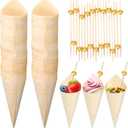 Queekay 200 Pcs Disposable Wood Charcuterie Cones 7 Inch Wooden Food Ice Cream Cone Pearl Cocktail Picks Fancy Bamboo Toothpicks for Appetizers Holder Drinks Wedding Birthday Party(Gold)