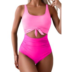 Eomenie Women's One Piece Swimsuit Tummy Control Slimming Bathing Suit Cutout Tie Knot Swimwear (XX-Large, Pink Color Block)