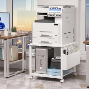 Lerliuo White Large Printer Stand with Storage | 23.6" W x 23.6" D x 22.8" H Printer Table for Home Office, Rolling Printer Cart Holder with Lockable Wheels & Side Pocket 