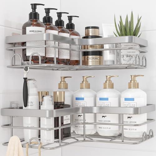 Sakugi Corner Shower Caddy - 2 Pack, Adhesive Shower Organizers, Rustproof Stainless Steel Shower Shelves with 8 Hooks, No Drilling Bathroom Organizers and Storage Racks, Space-Saving, Silver, X-Large