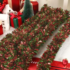 Alupssuc 8 Pieces Total 66 FT Christmas Tinsel Garland, Metallic Shiny Twist Garland Hanging Decorations for Christmas Party Indoor and Outdoor Decor, Red and Green