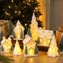 Newtay 12 Pcs Lighted Ceramic White Christmas Village Houses Set Including 4 Ceramic Christmas Village Houses 3 Porcelain Tree and 5 Sisal Tree for Home Decoration, Winter Holiday DIY, Gift