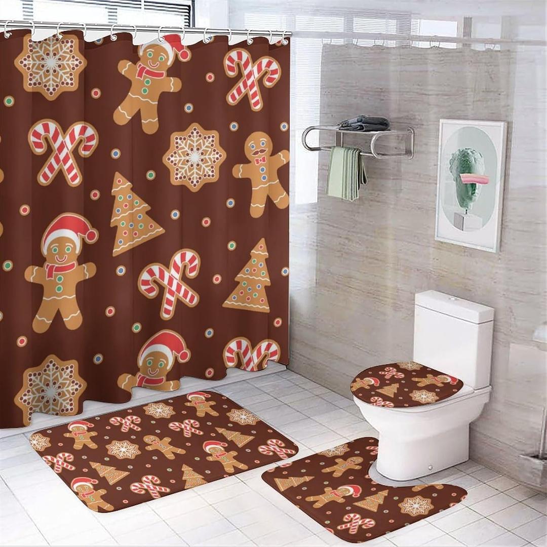 4PCS Shower Curtain with Bathroom Sets and Rugs Decor Christmas Cookies Gingerbread Shower Curtain Sets with Non-Slip Rug Toilet Lid Cover U-Shaped Mat with Hooks 72"x72"
