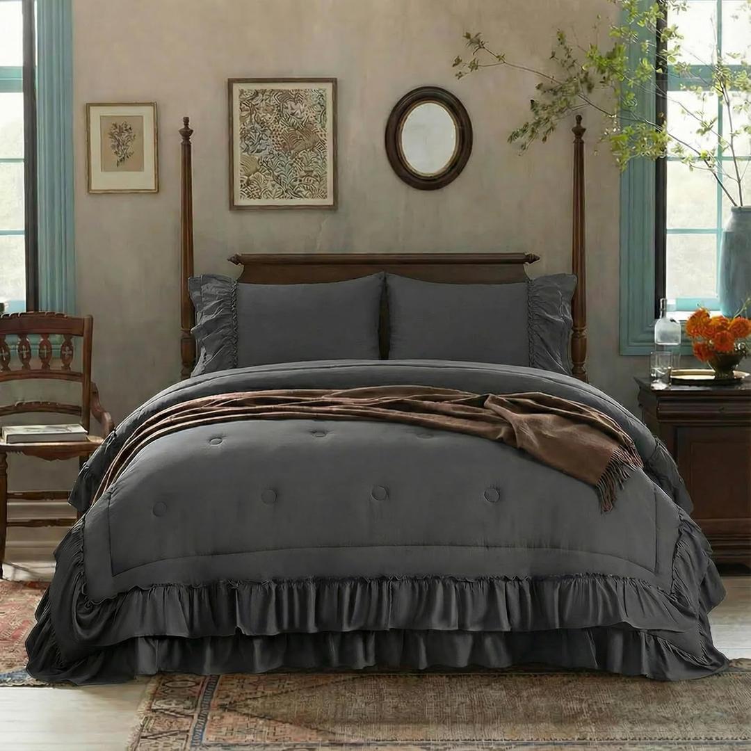 Dark Grey Comforter Set Queen Boho Bedding Set Shabby Chic 2 Layers Ruffled Bedroom Home Decor Ultra Soft Microfiber Farmhouse Down Comforter Bohemian Quilt Set