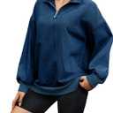 Women's Half Zip Denim Sweatshirts Fashion Long Sleeve Shirt Jean Pullover Hoodies (Large, Dark Blue)
