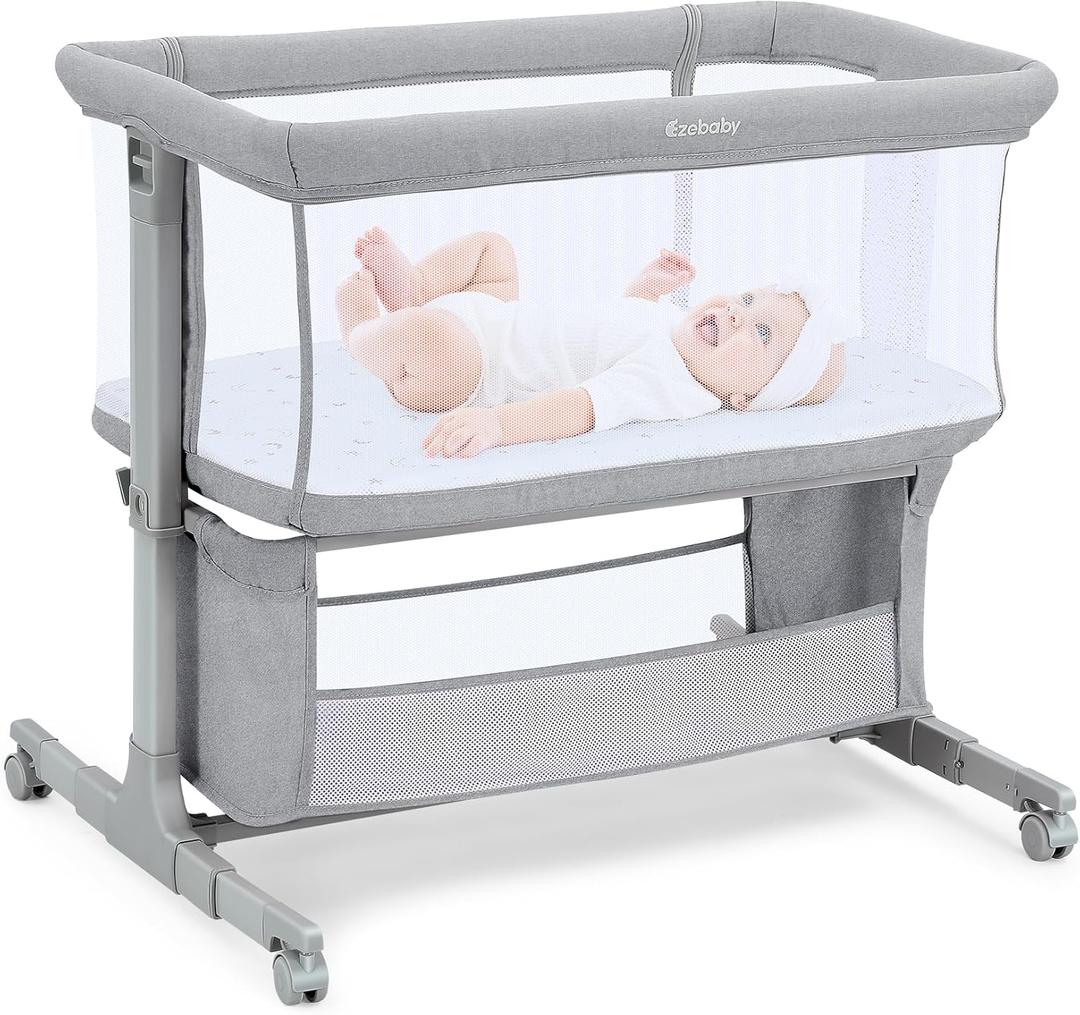 Ezebaby Bedside Bassinet for Baby, Portable Baby Bassinet Bedside Sleeper for Newborn Infants with Wheels Storage Basket, Adjustable 7 Heights and All Mesh Sides (Light Gray)