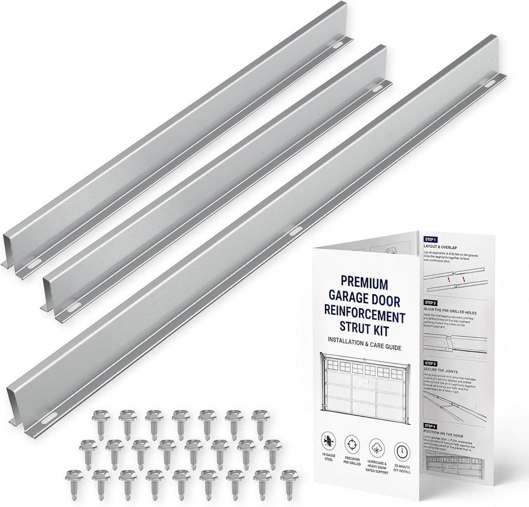 9FT Garage Door Strut Reinforcement Kit, Heavy Duty Steel Support Bracket, Hurricane & Storm Protection, Anti-Sag Windproof Brace for 16x7 16x8 Garage Doors, Easy DIY Install