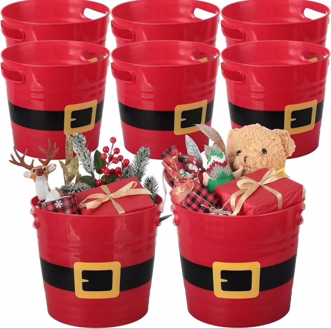 8 Pack Empty Christmas Plastic Buckets with Handles Red Santa Belt Round Basket Multi Purpose Container Christmas Decorations Candy Bars Vase Toy Baskets for Christmas Winter
