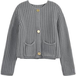 Saodimallsu Womens Button Up Sweaters Fall Chunky Knit Cropped Trendy Crewneck Loose Cardigan with Pockets (X-Large, Grey)