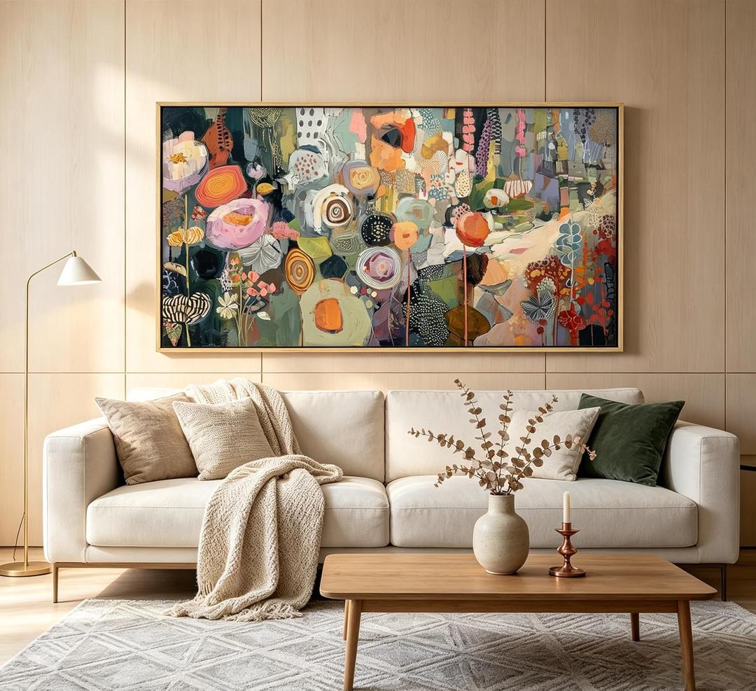 Wooden Framed Colorful Flower Wall Art,Abstract Botanical Canvas Print,Long floral landscape Picture Poster,Vintage Watercolor Floral Painting Artwork for Bedroom Living Room Office