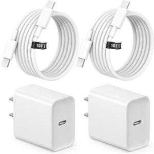 10FT iPhone 17 16 15 Charger Fast Charging USB C Charger Block Type C Chagrer Fast Charging 2-Pack for iPhone 17/17 Plus/17 Pro/17 Pro Max/iPhone 16/16 Plus/16 Pro/16 Pro Max/15/15 Pro Max/Samsung (white)