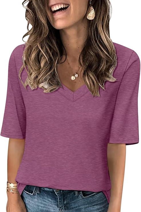 TICTICMISS Women's V Neck T Shirts Half Sleeve Tops Casual Solid Summer Tees (Pink, L)