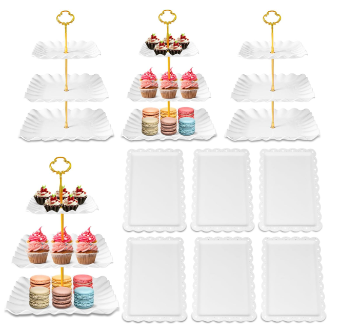 DIDROOM 10 Pack Dessert Table Display Set  4 x ThreeTier Square Cupcake Stands and 6 x Serving Trays, Elegant Tableware for Cakes, Cupcakes, Pastries, and Snacks, Perfect for Parties (White)