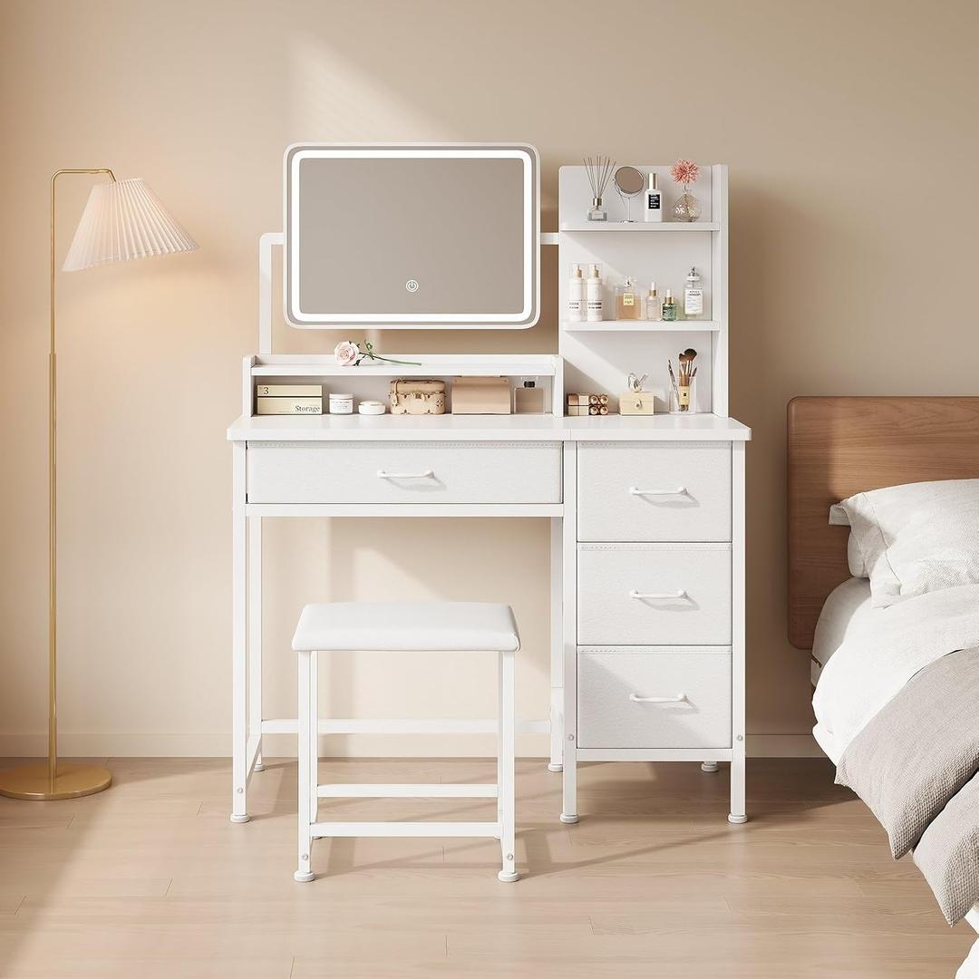 YeTom Vanity Desk with Mirror, 4 Fabric Drawers, LED Lights, Bedroom, White | 3-color LED, Cushioned Stool, 4 Fabric Drawers, Storage Open Shelves, White, 34.3in 