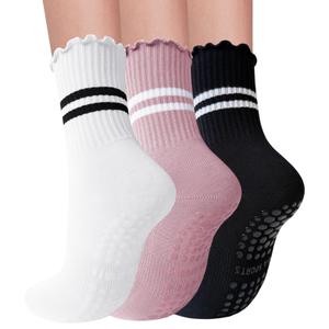 Elapse Space 3 Pairs Pilates Socks With Grips for Women Non Slip Grip Ruffle Yoga Grippy Socks