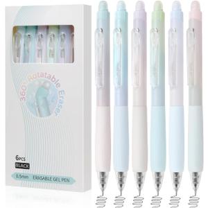 Erasable Pens, 6 Pack Fine Point 0.5mm Black Erasable Gel Pens with 360Rotating Erasers, Make Mistakes Disappear, Comfort Grip for Drawing, Writing, Planning, and Crossword Puzzles (Black Ink)