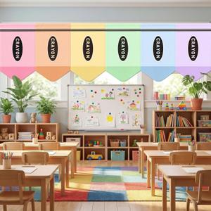 Irenare 6 Pcs School Classroom Curtains Back to Classroom Pastel Crayon Curtains 36" x 24" Pastel Colorful Decor for Kindergarten Preschool Daycare Primary School Bedroom Playroom Kid Room, 10.2"W x 11.8"L