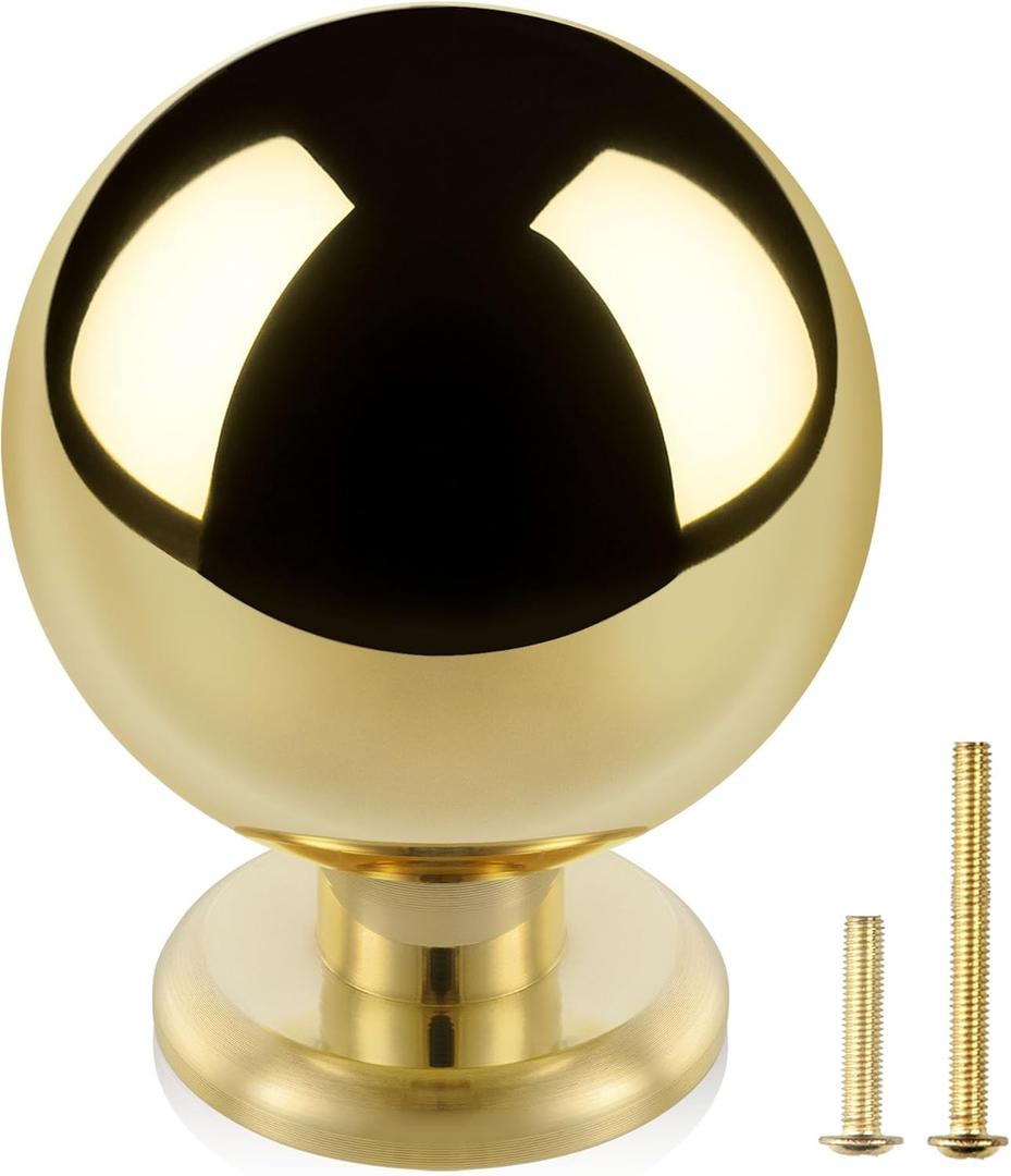 QOGRISUN 5-Pack Unlacquered Brass Cabinet Knobs, Round Ball Gold Knobs for Dresser Drawer, 1.1-Inch Diameter, Sphere Cabinet Pulls, Lead-Free Polished Brass Finish