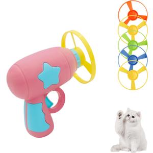 Andiker Cat Fetch Toy, Interactive Kitten Flying Disc Launcher Toy with 5 Colorful Flying Propellers for Cat Enrichment, Flying Saucer Toy for Cats for Training and Chasing (Pink)