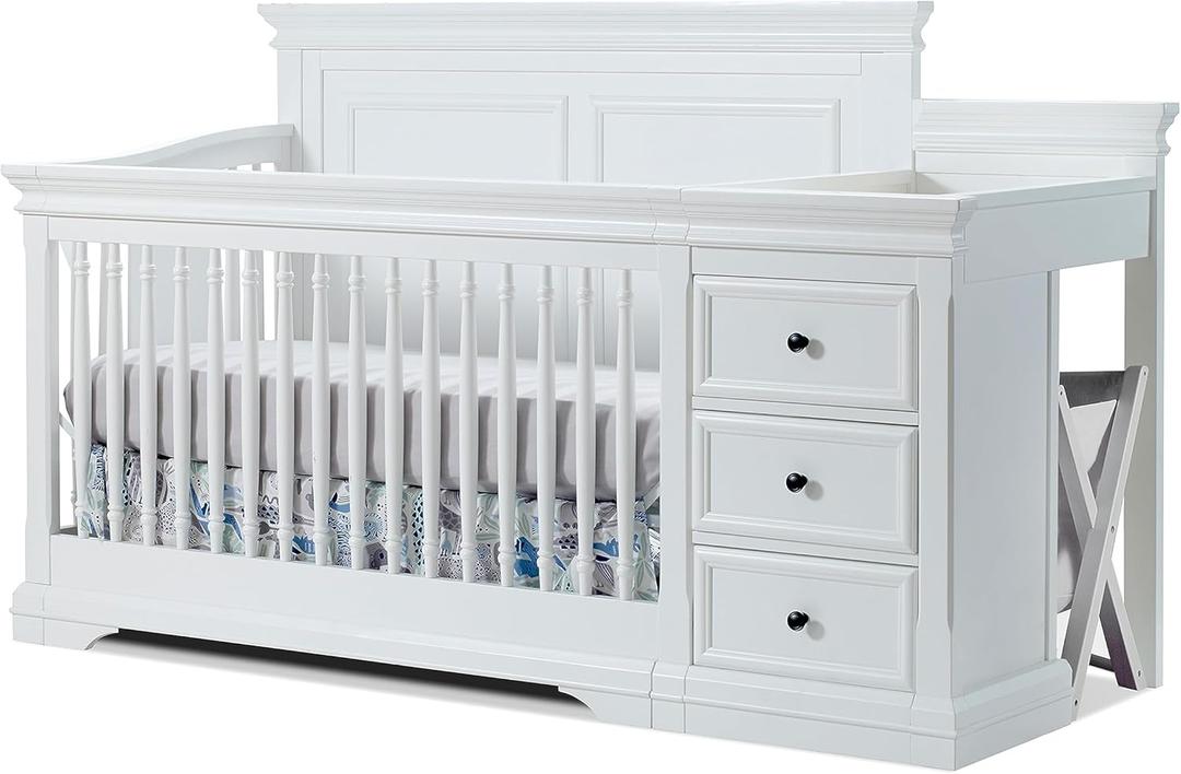 Sorelle Furniture Portofino Crib, Classic 4-in-1 Convertible Crib, Crib Made of Wood, Non-Toxic Finish, Wooden Baby Bed, Toddler Bed, Childs Daybed and Full-Size Bed, Nursery Furniture-White
