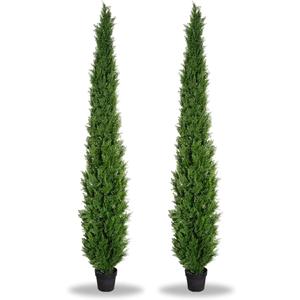 8 Feet Pre-Potted Evergreen Outdoor Artificial Cedar Tree for Front Porch Decor, Outdoor Entryway Decor Fake Tree, Tall Faux Tree with UV Resistant Coating (2 Pack)