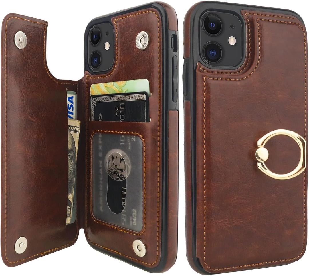 ONETOP for iPhone 11 Wallet Case with Card Holder, 360 Rotation Ring Kickstand RFID Blocking PU Leather Double Magnetic Clasp Shockproof Cover for Women and Girls 6.1 Inch (Brown)