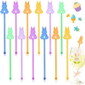 Qinyoung 12 Pcs Easter Glass Drink Stirrers 7 Inch Swizzle Sticks for Cocktails Coffee Reusable Rabbit Beverage Stir Sticks for Easter Party Coffee Bar Kitchen Bar Weddings