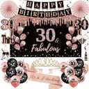 30th Birthday Decorations for Women,  30th Birthday Crown and Sash, Black Rose Gold Happy 30th Birthday Banner Balloons Backdrop Hanging Swirls Paper Fans, 30 Years Old Birthday Decorations Kit