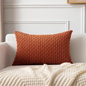 Kevin Textile Fall 12x24 Inch Pillow Cover 1 Pack Boho Decorative Soft Striped Corduroy Lumbar Farmhouse Solid Color Accent Rectangle Cushion Case for Living Room Couch Sofa Bed, Rust