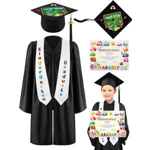 5 Pcs Kindergarten Graduation Cap and Gown Stoles Certificate Kids Graduation Custom with 2025 Tassel Set for Preschool Kids (Size 30, Black)