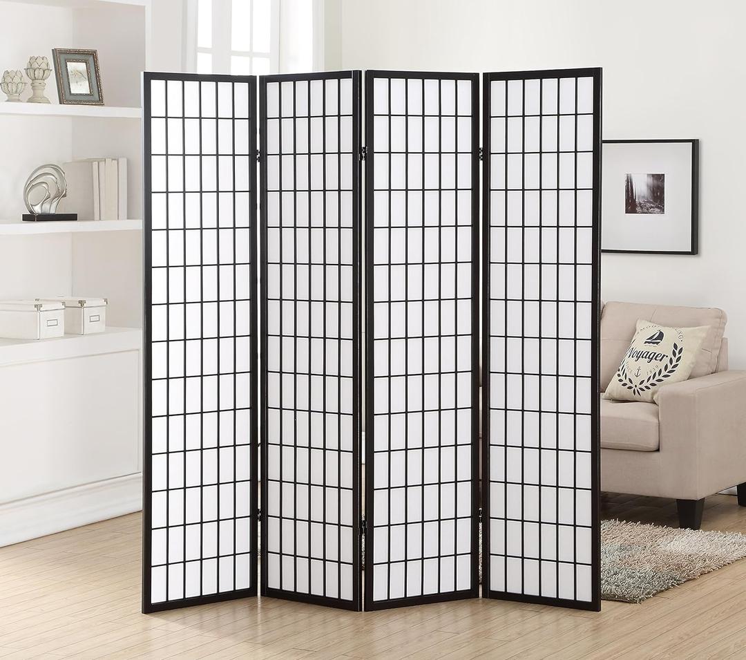 Roundhill Furniture Oriental Shoji 4 Panel Screen Room Divider, Black