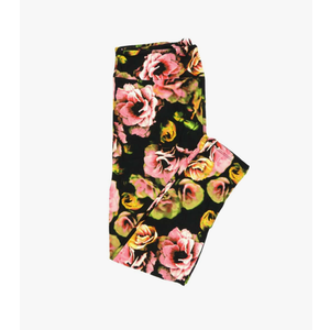 Lularoe Tall Curvy (TC fits Sizes 12-18) Floral Roses Black Pink Yellow Buttery Soft Adult Leggings, Pack Of 2