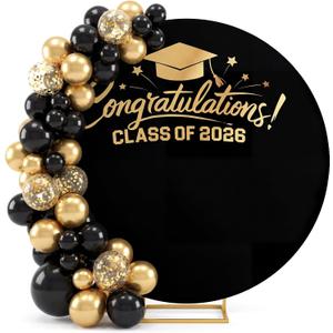 Frienda 2026 Graduation Round Arch Backdrop Cover 7.2 ft Circle Arch Backdrop Cover for Class of 2026 School Grad Photography Prom Party Photo Shoot Props Decorations (Black Gold)