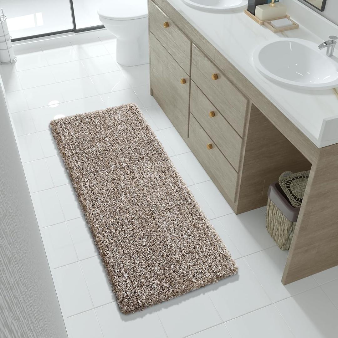 Yimobra Luxury Bathroom Rugs, Fluffy Bath Mats, Non Slip, Water Absorbent Microfiber, Machine Washable, Plush Runner Shower Rugs, Thick Matts for Bathroom Floor&Tub, 56"x 24", Light Brown and White