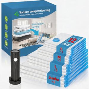 Vacuum Seal Bags for Clothing Travel with Rechargeable Air Pump, 12 Pack of 4 Carry-on Size Space Saver Vacuum Storage Bags, Compression Packing Bags for Luggage Suitcase for Closet Organization