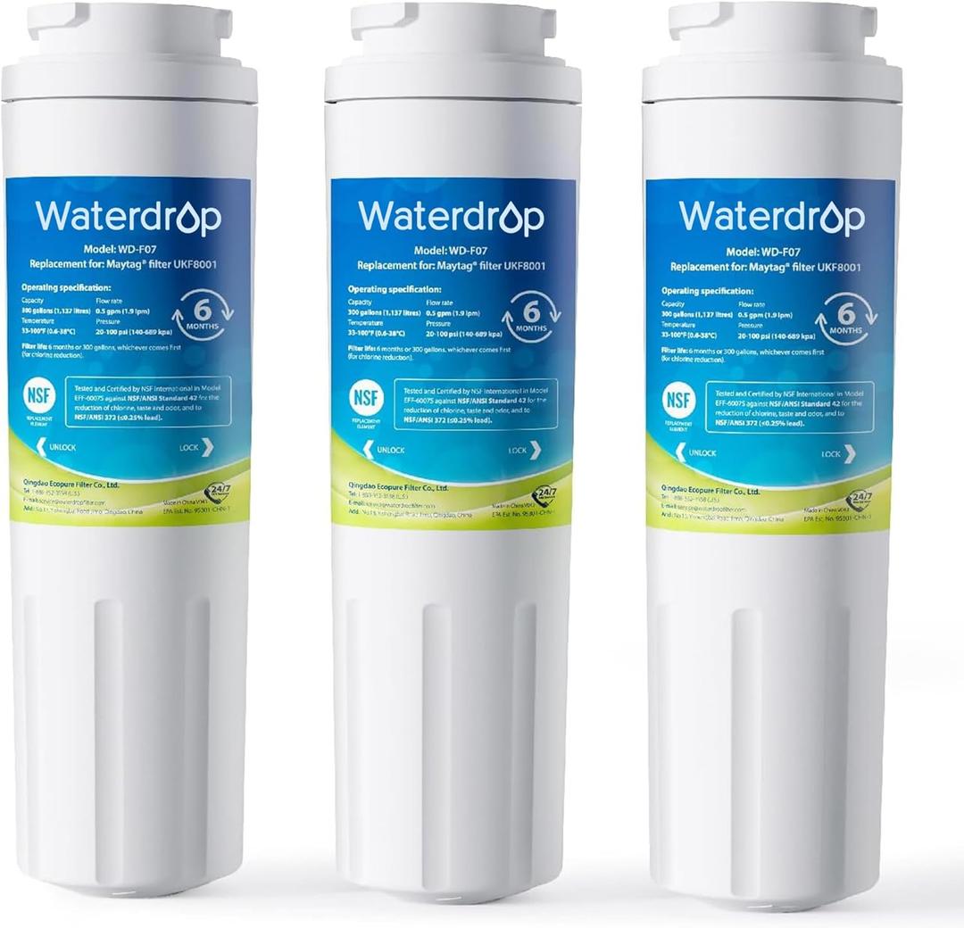 Waterdrop EDR4RXD1 Replacement for EveryDrop Filter 4, Whirlpool UKF8001, 4396395, Maytag UKF8001AXX-200, UKF8001AXX-750, WD-F07, Refrigerator Water Filter, 3 Filters