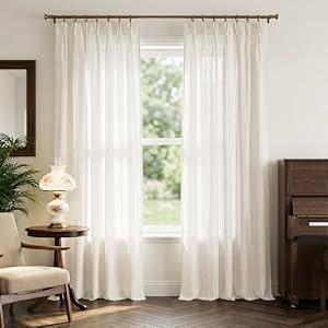 NICETOWN Pinch Pleated Linen Blend Ivory Curtains 96 inches Long, Semi Sheer Window Treatments Privacy with Light Filtering Drapes Relax & Causal for Farmhouse, W40 x L96, 2 Panels
