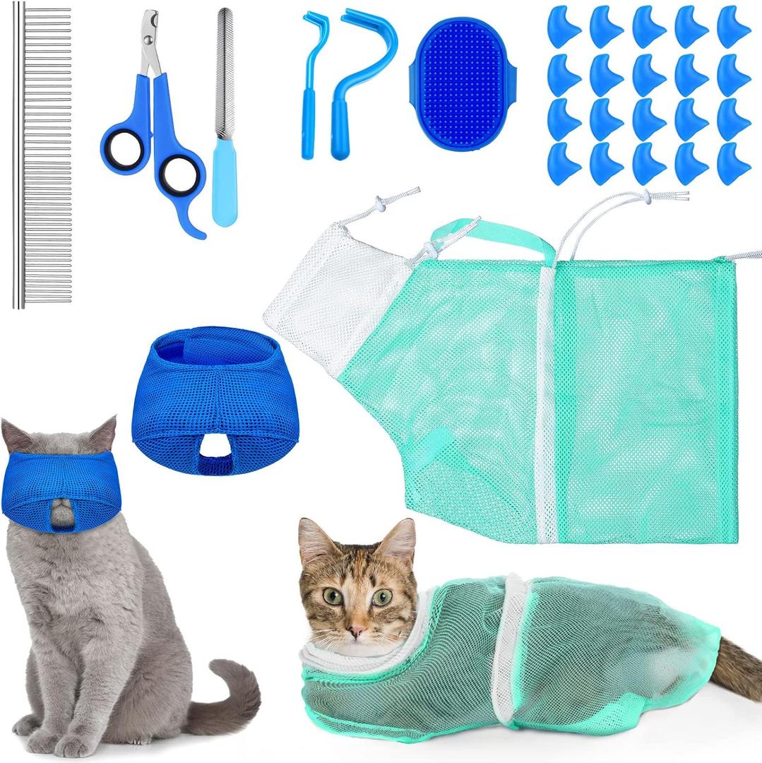 9 Pcs Cat Bathing Bag Set Cat Shower Bag Anti Bite and Scratch for Pet Grooming Washing Brush Comb Muzzle Nail Clipper Nail File Tick Tool(Blue, Turquoise)