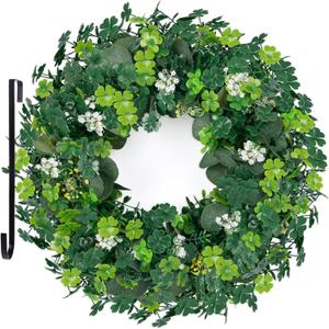 St Patricks Day Artificial Eucalyptus Wreath Saint Patrick Decorations for Front Door - St Paddys Shamrock Decor for Irish March Home Wall Porch Party Supplies