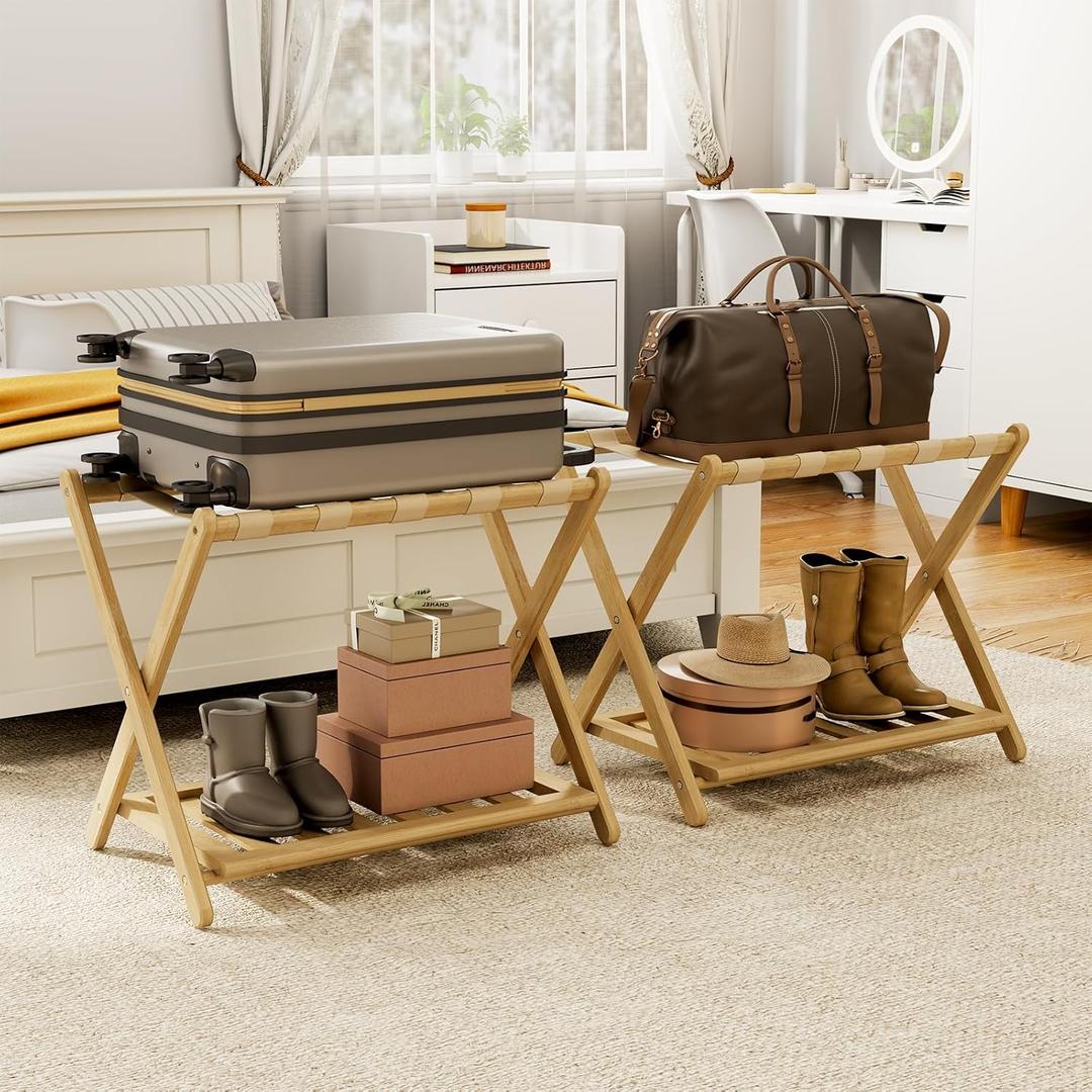 Fully Assembled Luggage Racks Pack of 2, Bamboo 26.77" Folding Luggage Rack Stand for Guest Room, 5 Nylon Straps, Suitcase Stand with Storage Shelf for Bedroom Hotel, Heavy Duty, Natural