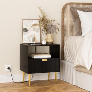 Aobafuir Nightstand with Charging Station, Dresser for Bedroom, Fluted Night Stand, End Table for Living Room, Mid Century Modern Bedside Table with Drawers, Furniture Black Stripe