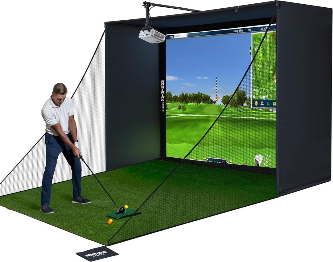 Complete Golf Simulator Enclosure Package 4K-Ready Impact Screen with Blackout Cage, Projector Mount, Frame Poles, Side Shank Nets | Indoor & Garage Practice | Easy Setup | 11 x 8'4 x 5