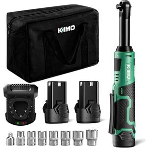 KIMO 3/8" Extended Electric Ratchet Wrench Set, 40 Ft-Lbs 400 Rpm 12V Cordless Ratchet Wrench w/ 2-Pack 2.0 Ah Batteries, 1 Hour Fast Charger & 8 Sockets, Power Ratchet w/Variable Speed & LED Light