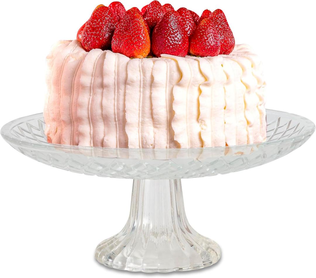 WHW Whole House Worlds Crosby Street Cake Stand, Cake Plate, Vintage Style, Crystal Clear Glass, Distinct All Over Pattern, 7.75 Inch Diameter